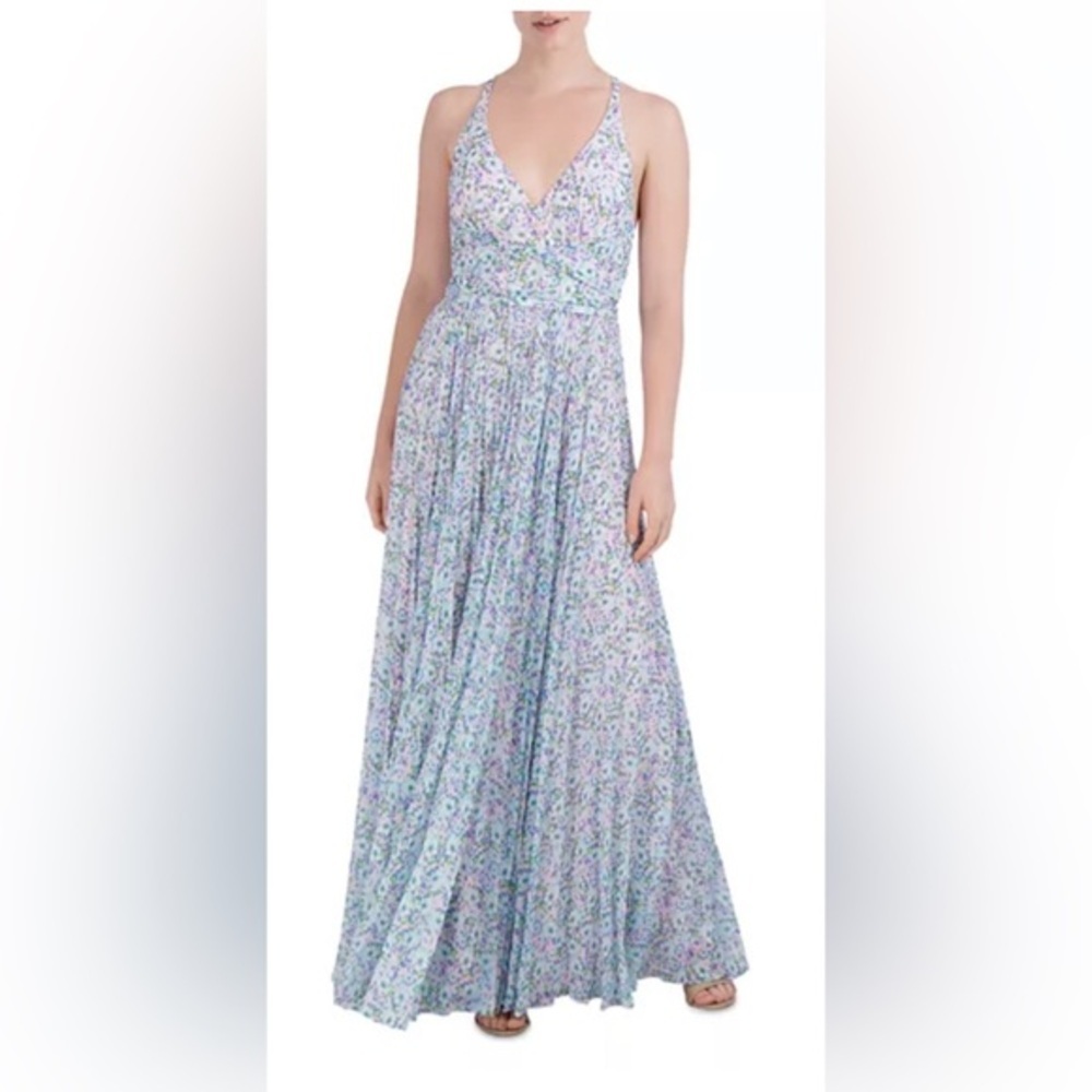 Laundry by Shelli Segal V-Neck‎ blue Floral pleated silk slip Maxi Dress size 10